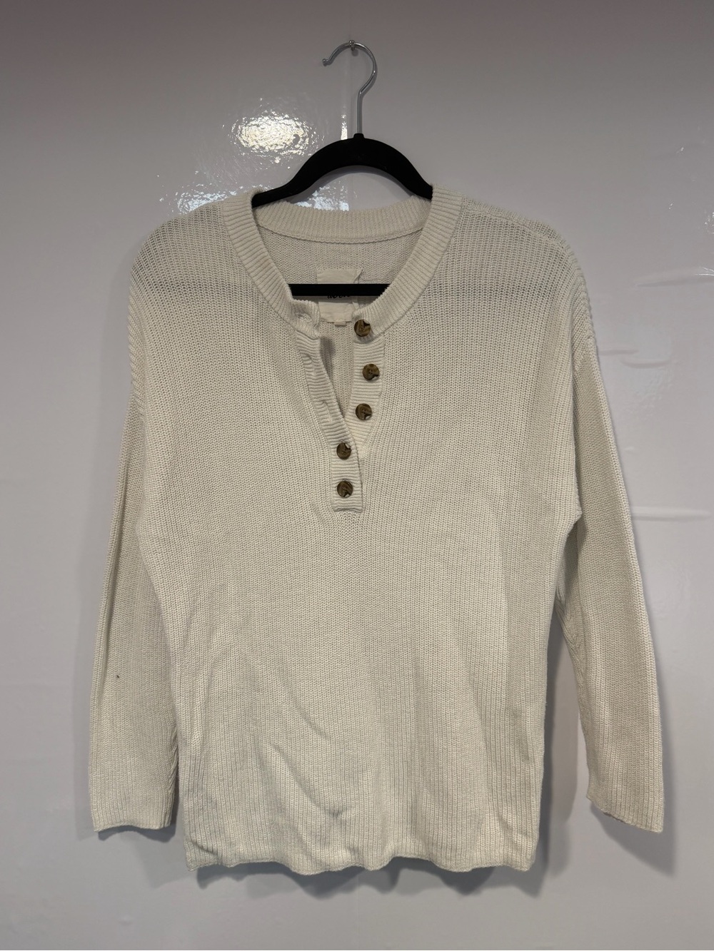 Cream Waffle Knit Aerie Henley Pullover with Button Placket